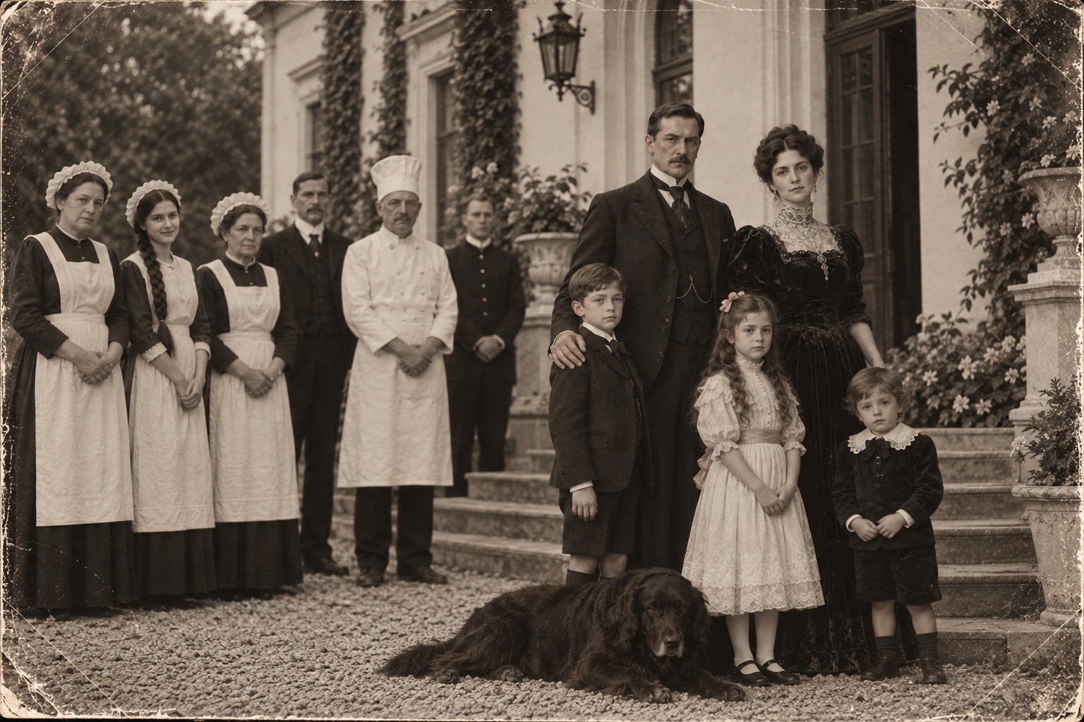A weathered archive photograph of a family and their household staff outside a grand house