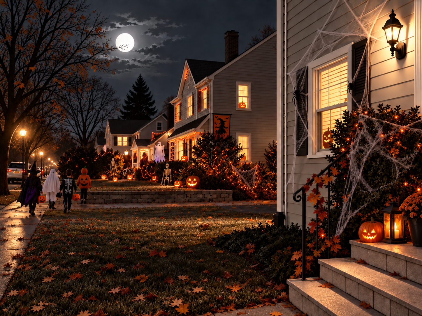 A moonlit New England street decorated for Halloween, with trick-or-treaters and glowing pumpkins