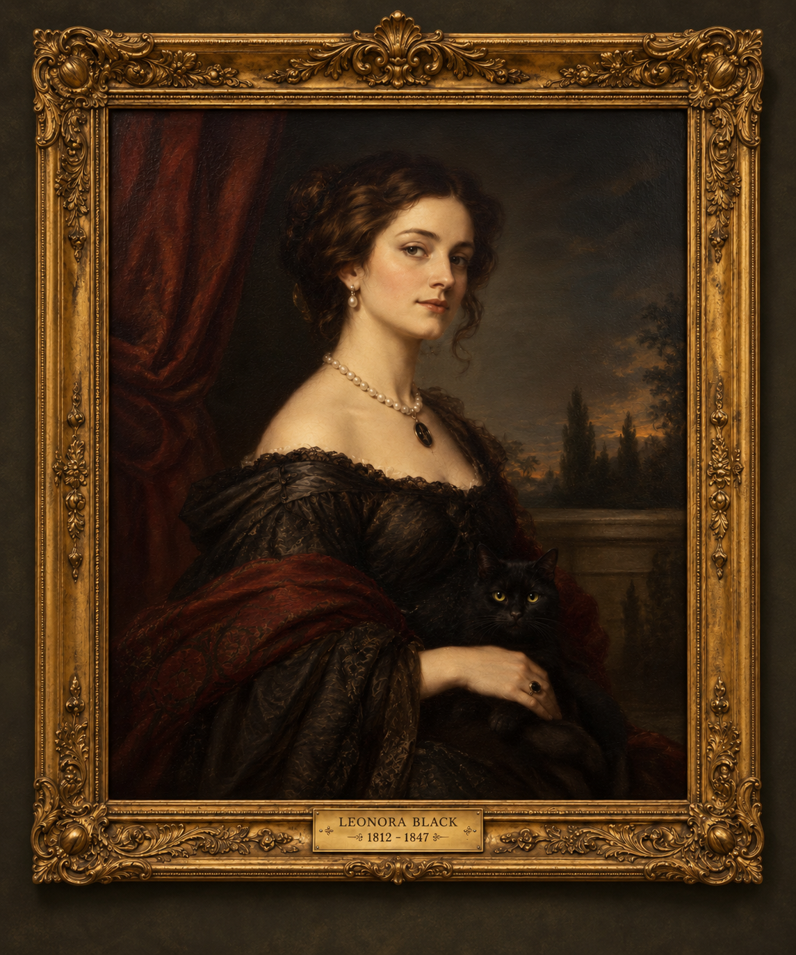 The missing portrait of Leonora Black, seated with a black cat in an ornate gold frame
